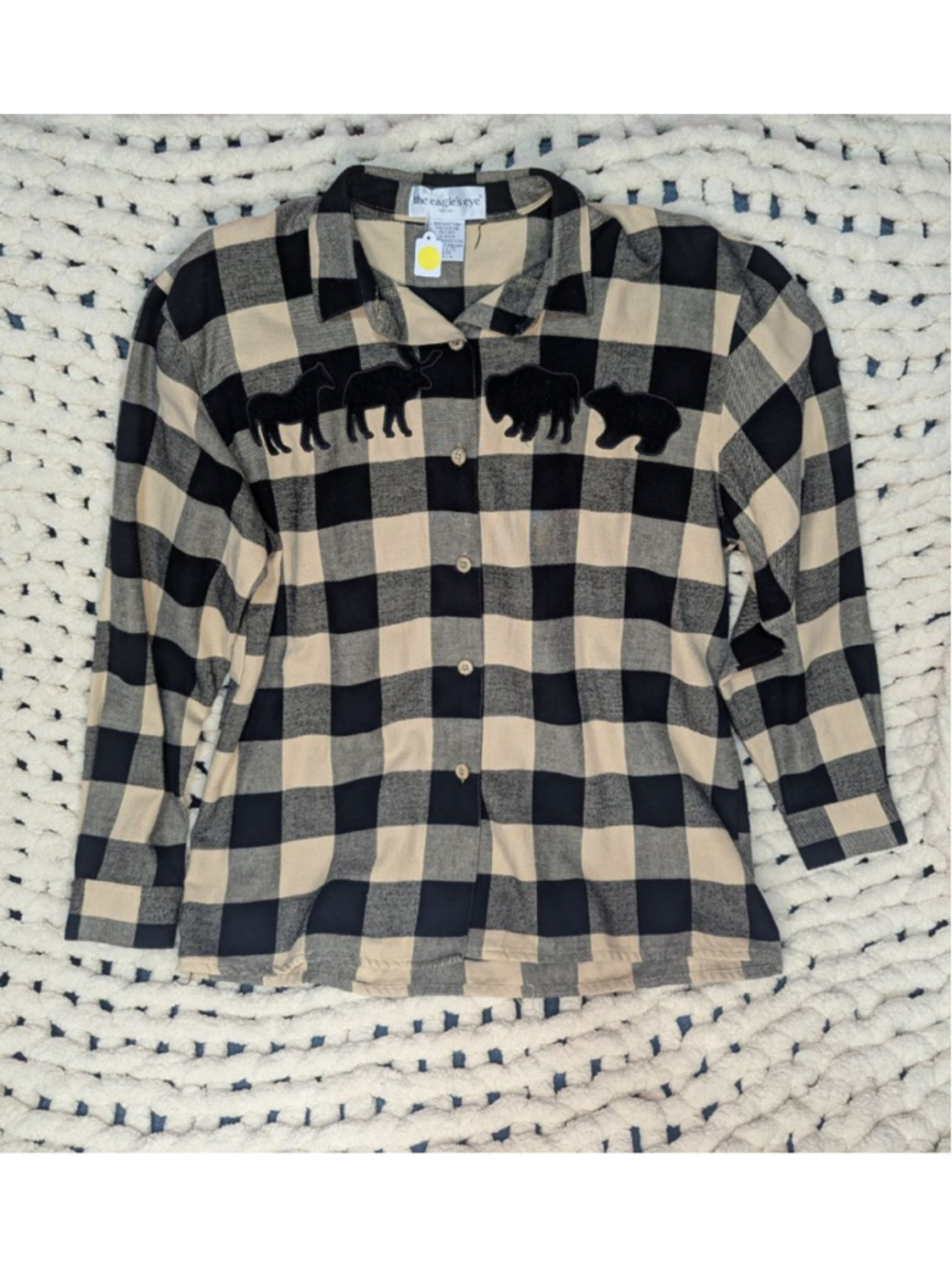The Eagle's Eye Buffalo Plaid Button Down Shirt Deer Moose Bear Applique Women's